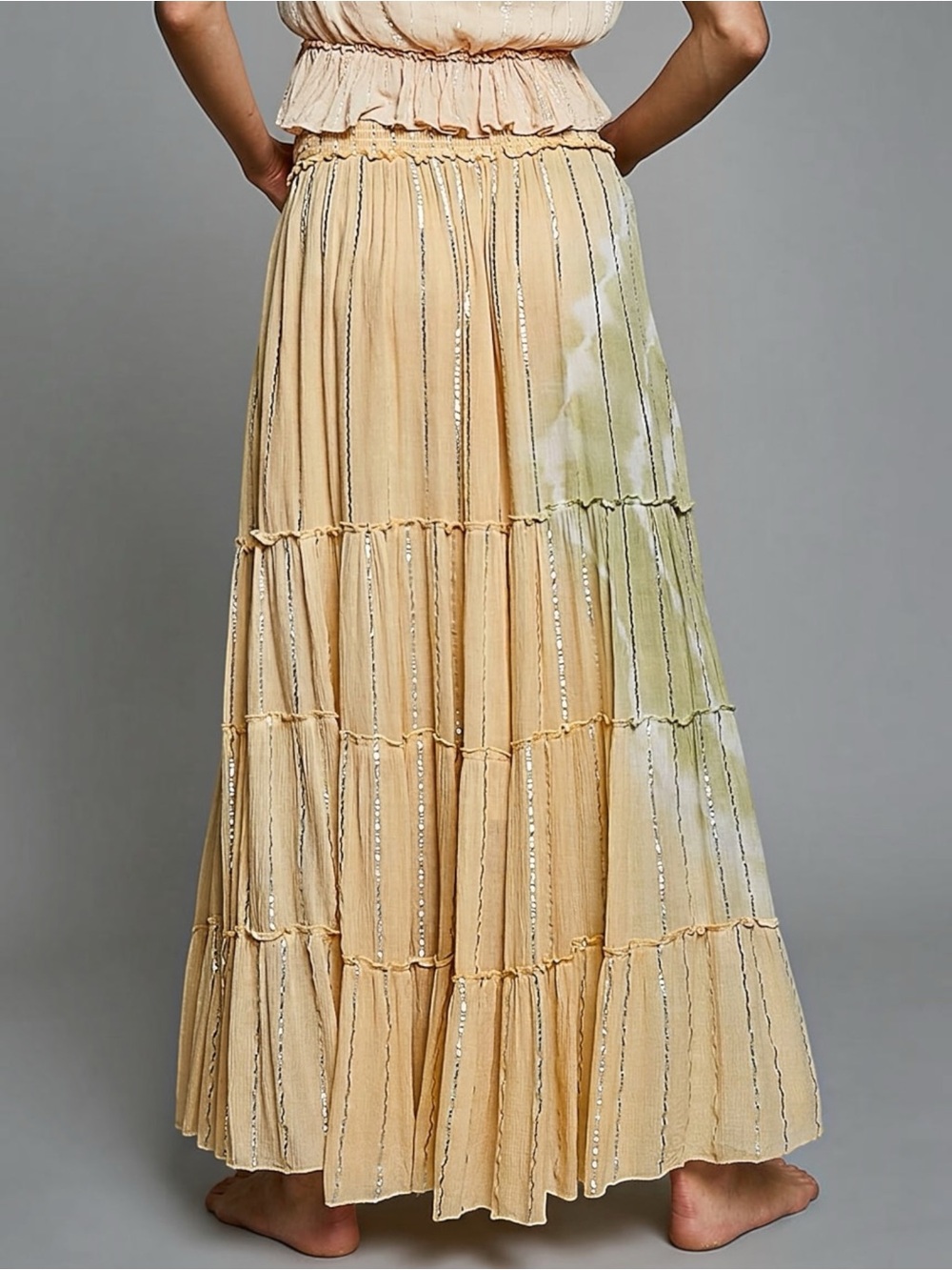 POL Tan Sage Boho Tiered Flowy Maxi Skirt | Smocked Waist Desert  Festival - Picture 7 of 9